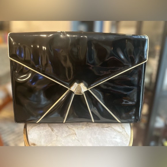 Bally Black Patent Leather Envelope 2-Way Shoulder & Clutch • Art Deco •Vintage - Picture 12 of 14